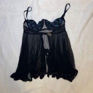 Black Sheer Babydoll with Floral Embroidery and Ribbon Tie